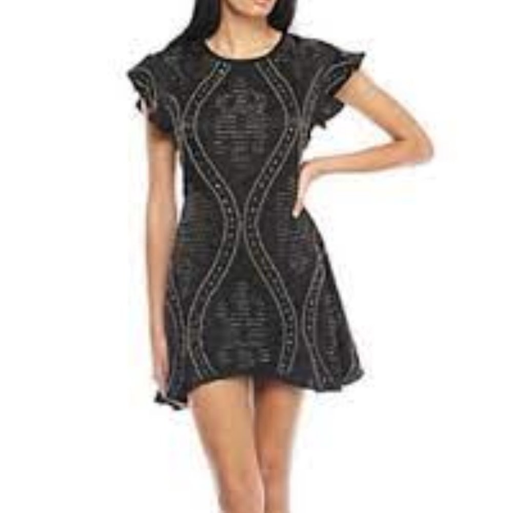 Free People Black Patterned Ruffle Sleeve Mini Dress